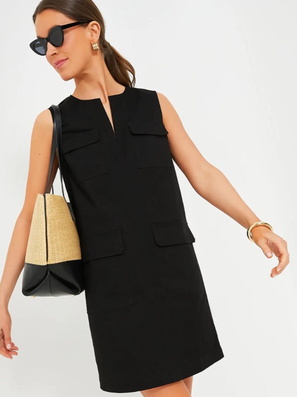 Tuckernuck Sydney Dress Black Sleeveless Patch Pocket Notch Neck Cotton NWOT